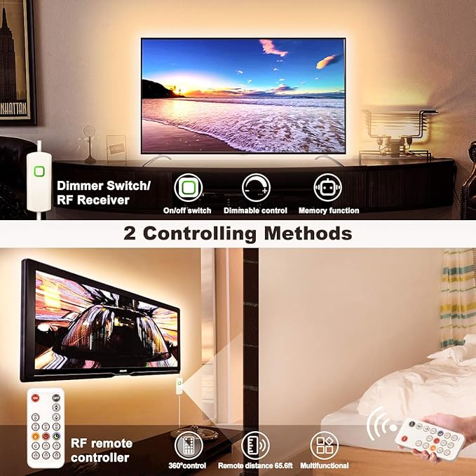 MY BEAUTY LIGHT LED Strip Lights Warm White, 50.5ft Dimmable LED Light Strip with RF Remote, 24v Plug-in Adhesive Rope Lights with Timing Mode for Living Room Bedroom Kitchen