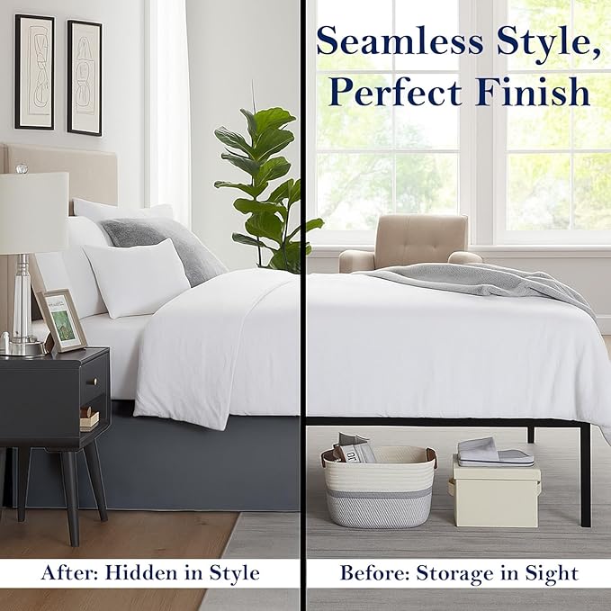 Twin Bed Skirt, Luxury 16 Inch Drop Dark Grey Pleated Bed Skirt, Double Brushed Microfiber, Box Pleat Design, Wrinkle & Fade Resistant, Easy Fit Tailored Bedskirt for Twin Size Beds