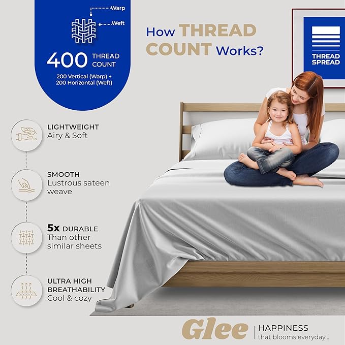 THREAD SPREAD 2-Pack King Size Sheets Set - 400 Thread Count 100% Cotton Sateen Weave - Extra Soft, Breathable, Hotel Quality Cooling Sheets, 2 Sets of King Size Deep Pocket Bed Sheets (Silver Grey)