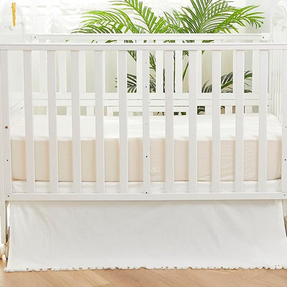 Brandream Boho Bohemian Girl Boy Baby Nursery Crib Bed Skirt Dust Ruffle - Neutral Solid Color Cream Off White Farmhouse Chic 100% Washed Cotton Minimalist Tassel Fringe Macrame