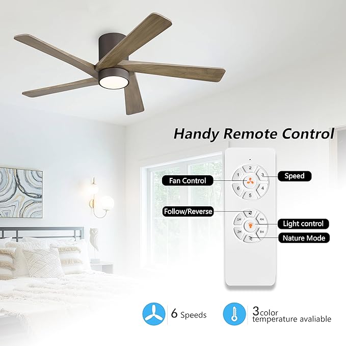 WINGBO 48 Inch Flush Mount DC Ceiling Fan with Lights and Remote, 5 Reversible Carved Wood Blades, 6-Speed Noiseless DC Motor, Hugger Ceiling Fan in Graphite Finish with Gray Blades, ETL Listed