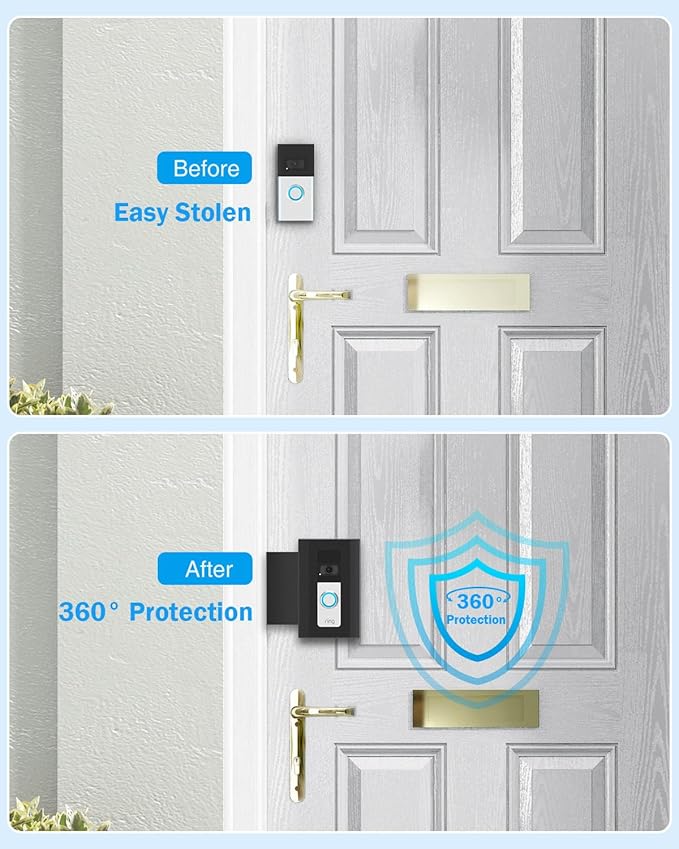 MIIGII Anti-Theft Doorbell Mount for Ring Doorbell 4/ 3/ 2/ 1, No Drill Adjustable Video Doorbell Cover Holder for Home Apartment Office Room, Waterproof Stainless Metal Made, Black