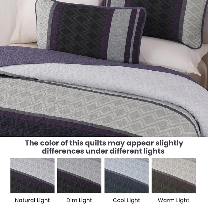 Dinjoy California King Quilt Set Purple, Striped Bedspread, Bedding Sets | 3 - Image 8