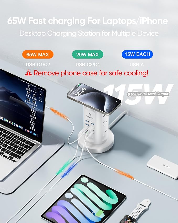 Kakyanill 115W USB Charging Station, Power Strip Tower - Image 3