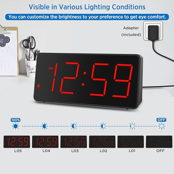 Peakeep Digital Alarm Clock for Bedroom Bedside, Large Display 5 Dimmers | - Image 5