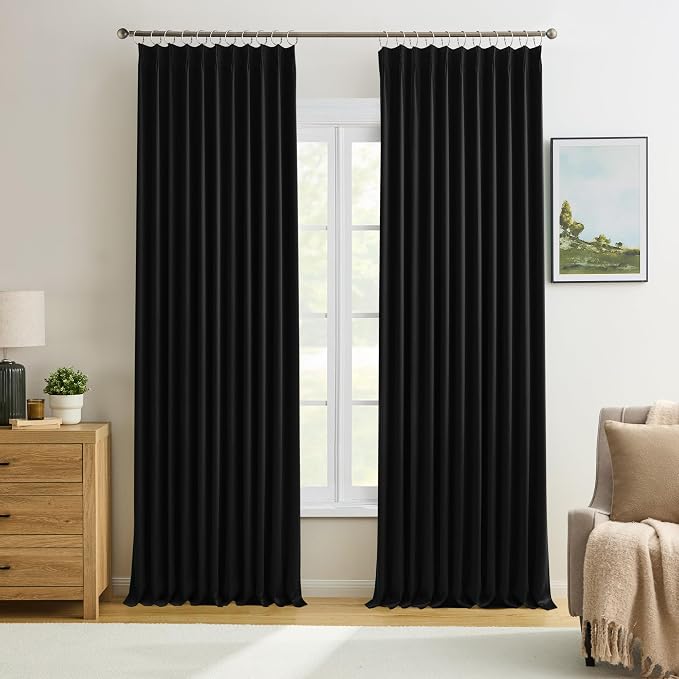 72 Inch Wide Black Pinch Pleated Curtains 72 x 105, Thermal Insulated Noise by KEQIAOSUOCAI