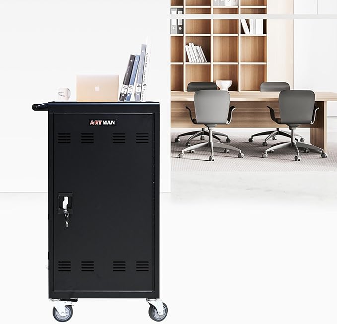 OFLILAK 45-Device Mobile Charging Cart with Charging Power Strip and Front and Rear Access Locks, Cable Management, Up to 17"", Safe Charging Cabinet for Ipads, Chromebooks, Tablets, Laptops Black