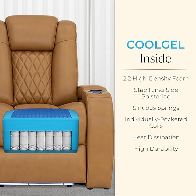 Seatcraft Diamante Zero-Gravity CoolZero Italian Leather Home Theater Seating, Power Headrest, Power Recline, Single Recliner, Tan Oak