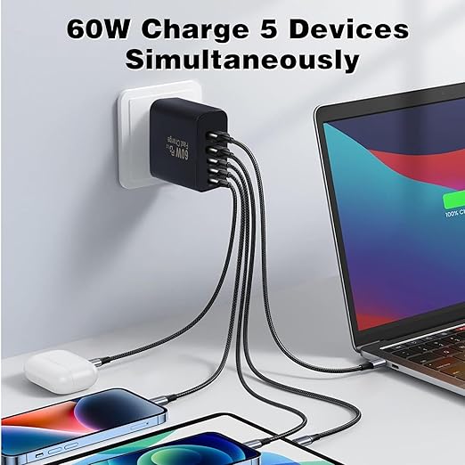 USB C Super Fasr Charger Block,60W 5Port iPhone Charger Fast Charging,2Pack Quick Multiport Phone Chargers Power Adapter Plug for iPhone 17/17 ProMax/17 Air/16 ProMax/16e/15 Pro/15Plus/14/13/12/11 Pro