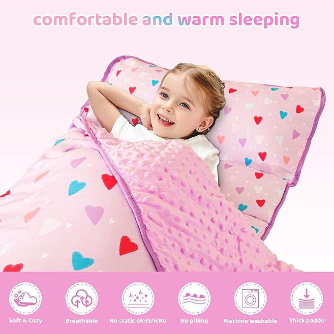Viviland Toddler Kid Nap Mat for Preschool, Girls Heart Slumber Bag, Purple Daycare Sleeping Mats with Pillow and Blanket, Kindergarten Sleep Mat