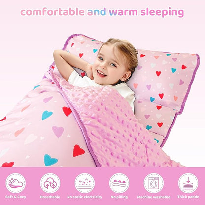 Viviland Toddler Kid Nap Mat for Preschool, Girls Heart Slumber Bag, Purple Daycare Sleeping Mats with Pillow and Blanket, Kindergarten Sleep Mat