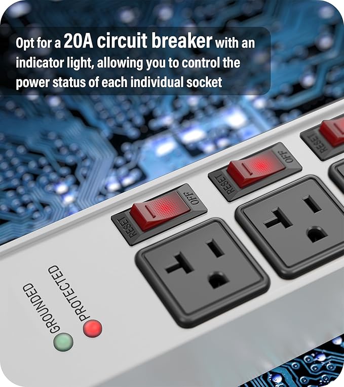 CCCEI Heavy Duty Surge Protector Power Strip 20 Amp Individual Switches. 6FT 12 Gauge Extension Cord with Multiple Outlets. Kitchen, Garage, Shop, Industrial Wall Mount Electric Extender, Grey.