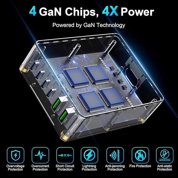 USB C Charger Block, 285W 6-Port GaN Fast Charging Station Hub with 100W Cable, Dual PD 100W Multi-Device USB C Wall Charger Adapter for iPhone 17 16 15, MacBook, Laptop, iPad, Samsung Galaxy and More
