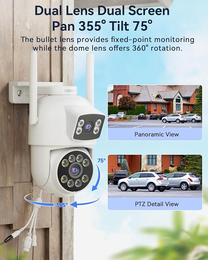 VORGUT Security Camera System Wireless Outdoor with 12" Monitor, 2pcs 2K Dual Lens Cameras for Home & Business Surveillance, 360° PTZ, 2.4G/5G WiFi, Human Detection, Auto Tracking, 16CH NVR, 500G HDD