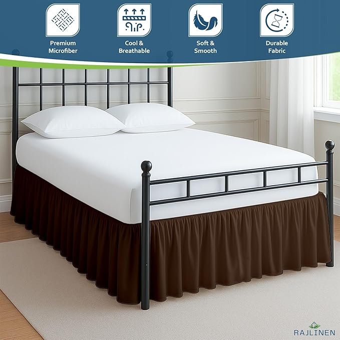Rajlinen Ruffled Bed Skirt King, 8 Inch Drop Dust Ruffle with Split Corners, 100% Microfiber Bedskirt with Platform, Three-Sided Coverage Ruffled Gathering Design, Chocolate