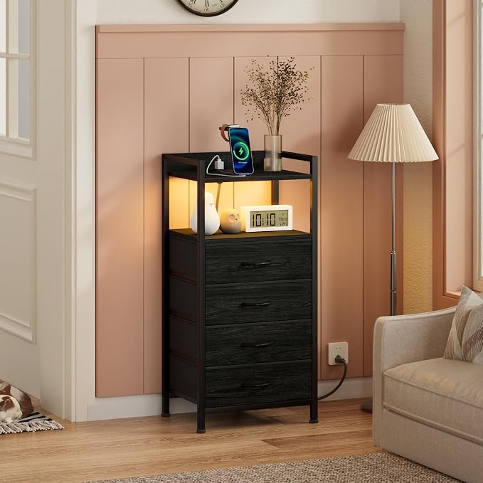 Night Stand with Charging Station, Tall Bedside Table - Image 2