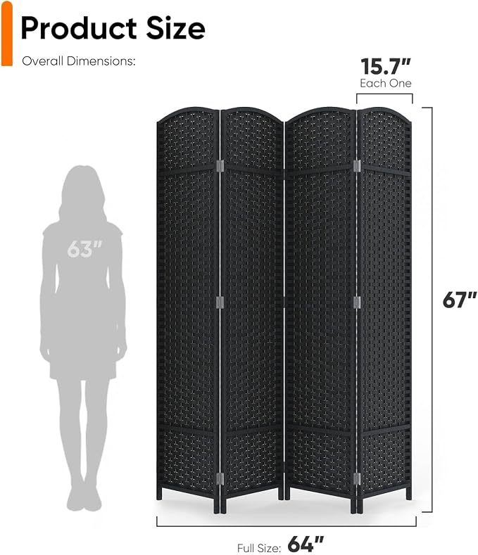 4 Panel Woven Room Divider, Freestanding Decorative Partition - Image 2
