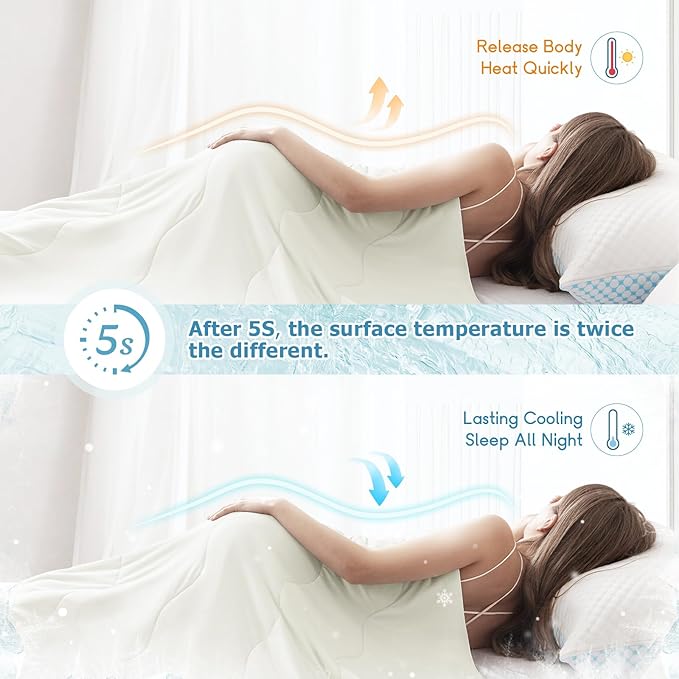 EASELAND Cooling Comforter Queen, Cold Touch Fabric Absorbs Body Heat, Double-Sided Cool Design Soft Fluffy Cooling Blanket for Night Sweats Hot Sleeper(Beige, Queen(90"x90"))