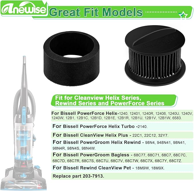 Anewise 2 Pack 32R9 Replacement Filters for Bissell PowerForce PowerGroom for Cleanview Helix Turbo Inner & Outer Vacuum Cleaner Filter Set, Replace Part 203-7913, Model 1240, Not for Style 9 Filter