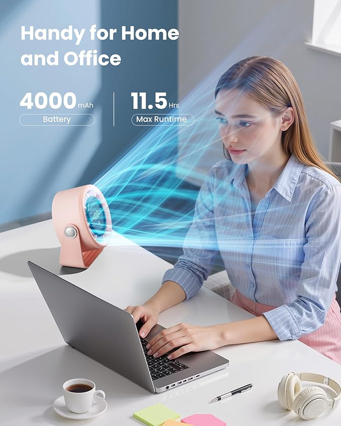 Gaiatop Small Desk Fan Rechargeable, 5in Personal Fan 4000mAh Battery Powered, Touch Control LED Display, 360° Tilt, 5-Speed Strong Wind, Bedroom Dorm Office Desk Accessories, Gifts for Women Girls