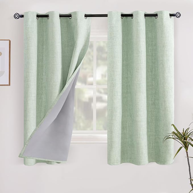YoungsTex Sage Green Blackout Linen Curtains 40 Inches Longes, Short Thermal by YoungsTex