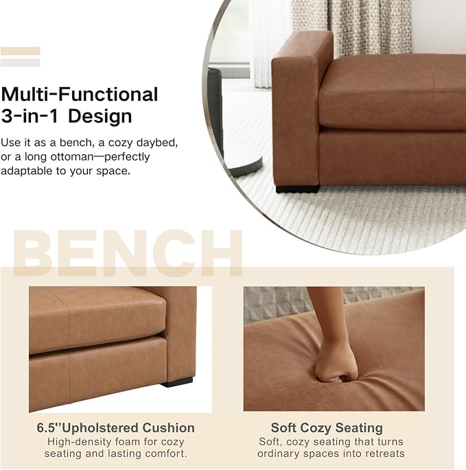 End of Bed Bench for Bedroom, 57.7'' Queen Size Vegan Leather Bench - Image 3