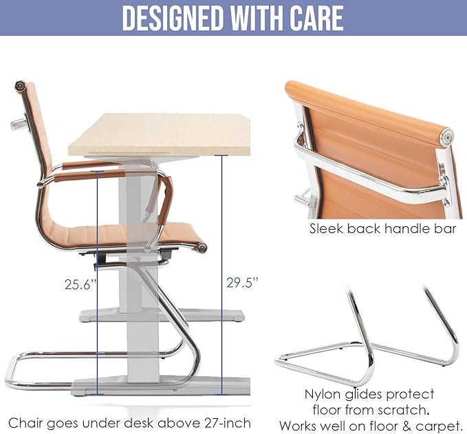 Wahson Office Guest Chairs Set of 2, Leather Reception Chairs, Mid Back Waiting Room Chair, Conference Chairs with Sled Base, Desk Chair No Wheels for Meeting/Lobby/Restroom, Terracotta