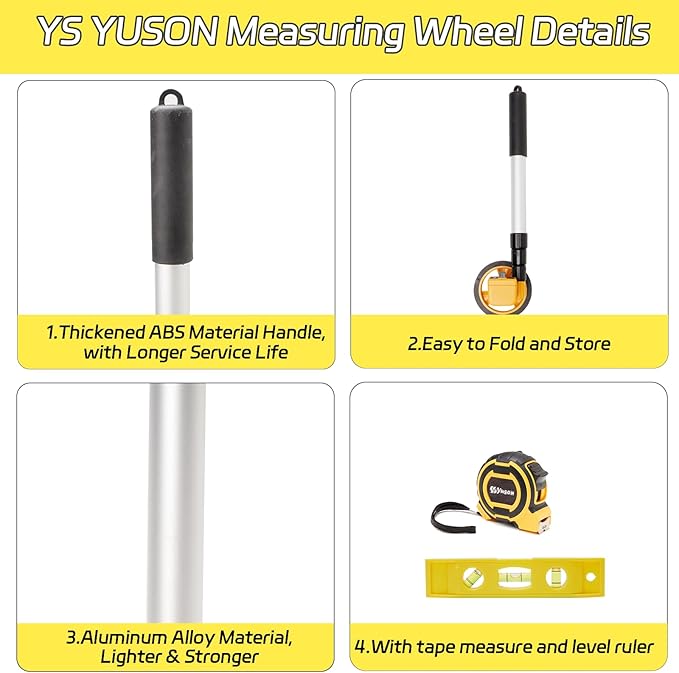 YS YUSON Rolling Measuring Wheel in Feet, Digital Measuring Wheel for Construction, Walking Measuring Wheel, Measure Wheel with Tape Measure and Level Ruler, One Key to Reset, 4 Inch, Up to 9999Ft