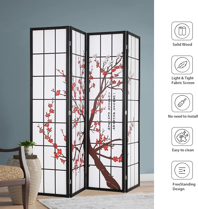 FDW Room Divider 6Ft Folding Privacy Divider 4 Panel Oriental Shoji Screen Wall - Image 5