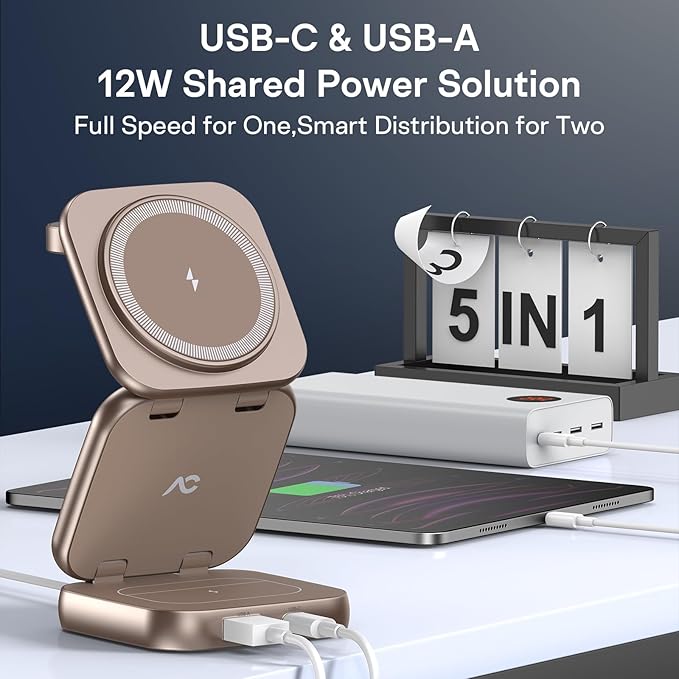 5-in-1 Wireless Charger for MagSafe, AC ISLAND Portable Travel Charging Station, 35W Max Fast Foldable Magnetic Stand, Evolved for iPhone 17-12 & Air Series, Apple Watch, AirPods (with 35W Adapter)