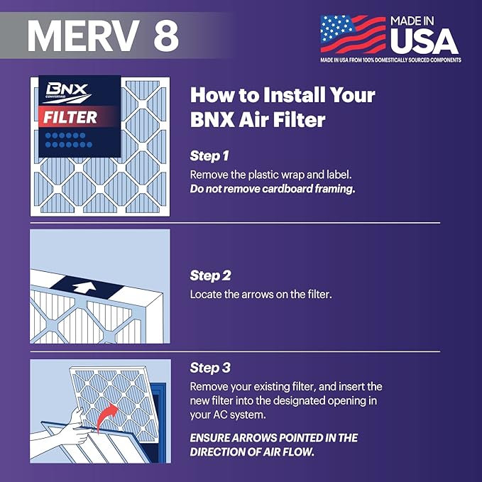 BNX TruFilter 16x20x1 Air Filter MERV 8 (6-Pack) - MADE IN USA – Dust & Pet Defense Electrostatic Pleated Air Conditioner HVAC AC Furnace Filters for Dust, Pet, Mold, Pollen MPR 600 – 700 & FPR 5