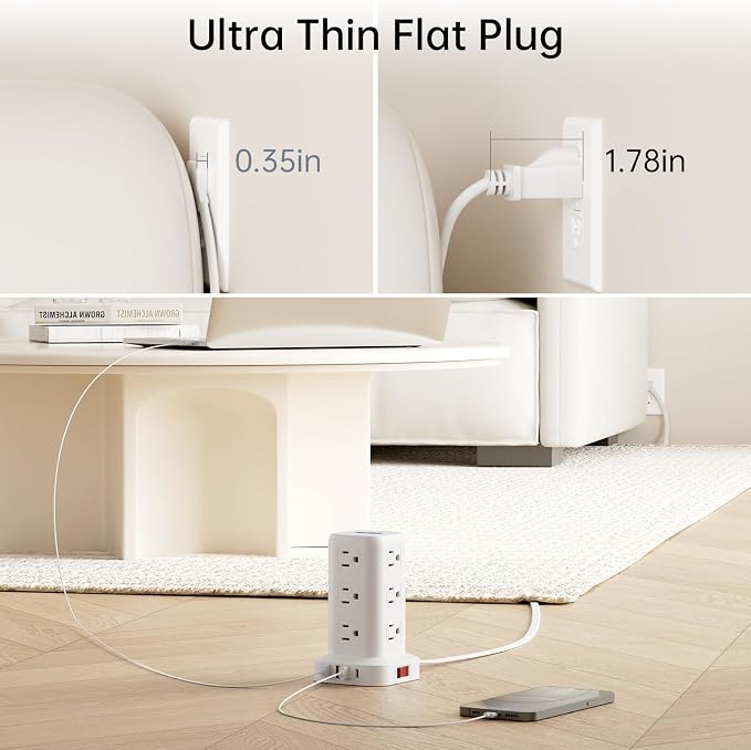 Extension Cord with Multiple Outlets, SMALLRT Flat Plug Power Strip Tower - Image 3