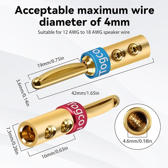 4mm Speaker Banana Plugs (2Pairs, 4 Pcs),24K Gold Plated Banana Speaker Wire Banana Plugs Connectors for Speaker Wire, Wall Plate, Home Theater, Audio/Video Receiver, Amplifiers and Sound Systems