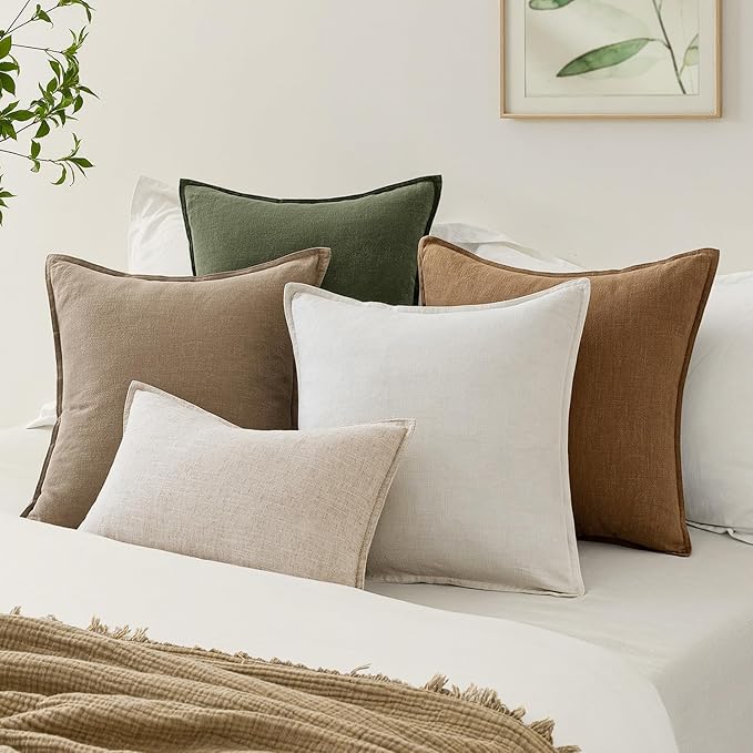 EMEMA Decorative Linen Throw Pillow Covers 18x18 Inch Curry Boho Farmhouse Neutral Couch Throw Pillows for Bed Pack of 2 Accent Pillowcase Modern Sofa Cushion Livingroom Home