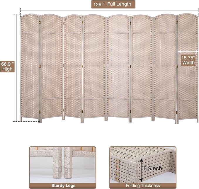 Room Divider 8 Panel 5.6 FT Tall Privacy Screen Waterproof Wood Frame Partition - Image 7