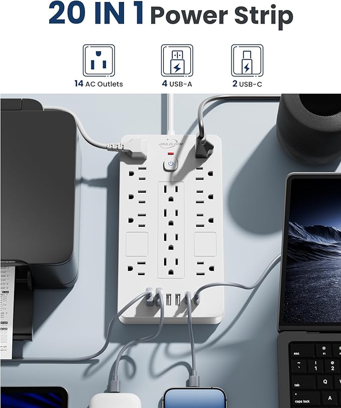 JouleLoom Surge Protector Power Strip-14 Outlets and 6 USB Ports, 6 Feet Flat Plug Extension Cord, 1850 Joules, White, ETL Listed for Home, Office, Dorm Room