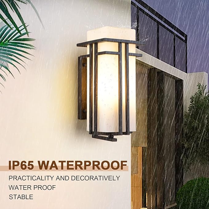 EERU Outdoor Porch Light Wall Mounted Waterproof Wall Lantern Exterior Light Fixture for Entryways Yards Garage Front Porch, Square Metal Frame with Frosted Glass, Black