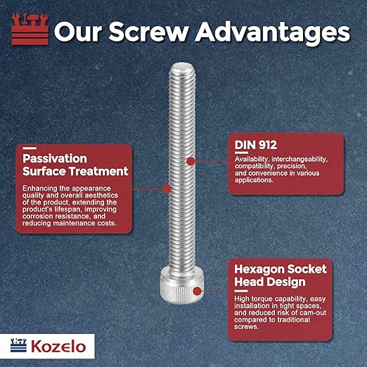 Kozelo 10pcs Socket Head Cap Screws - [M8-1.25 x 60mm] 304 Stainless Steel Allen Socket Drive for Electrical Motor 3D Printing Fan Engine Replacement Use, Silver