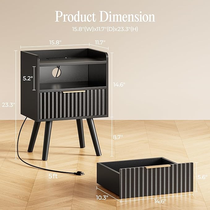 Huuger Nightstand with Charging Station, USB-C Port, End Table | Fluted Night - Image 2