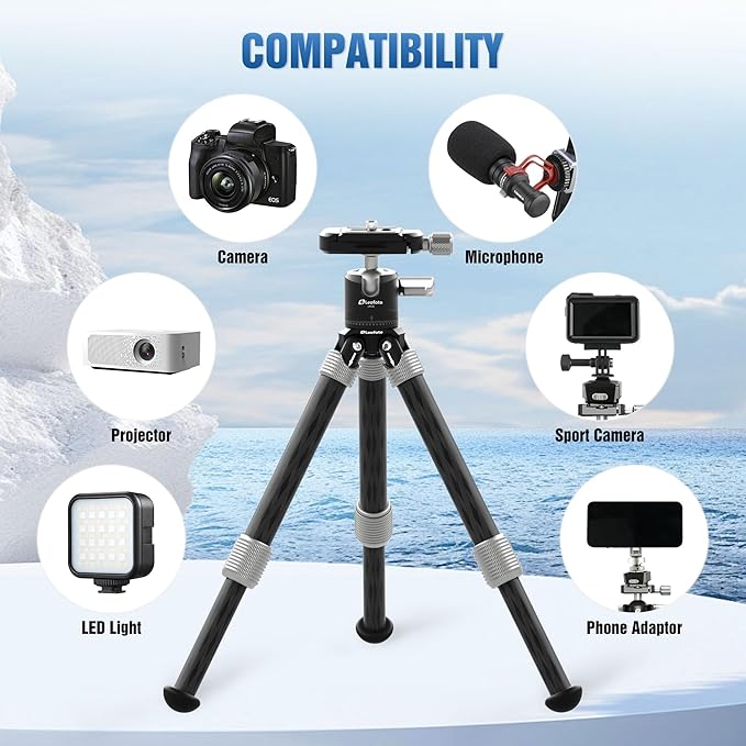 LEOFOTO Carbon Fiber Mini Table Tripod with Ball Head for Camera, Lightweight Desktop Tripod with Base, 1/4" Arca QR Plate for Phone Adaptor/Projector, Max Height 10.43", Max Load 11LB, MT-02C Plus