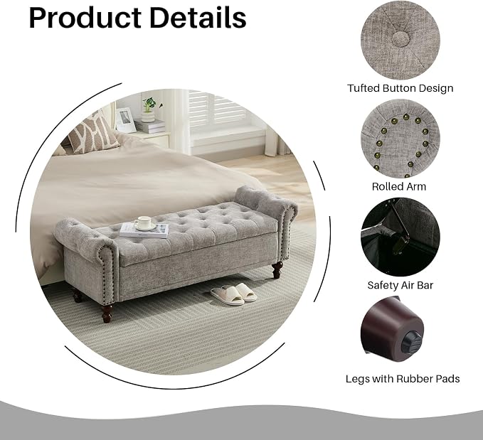 SOFTHION 58.1" Storage Bench for Bedroom, Chenille Upholstered, Light Grey | - Image 4