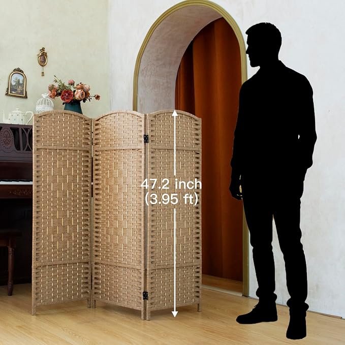 Compact 3 Panel Short Room Divider, 47.2 Inch Tall Double-Sided Rattan Folding - Image 2
