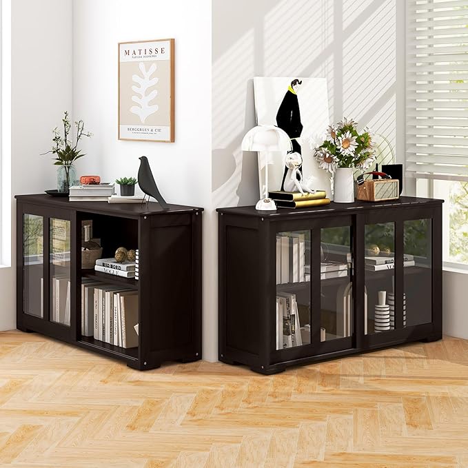 Costzon 2-Pack Wooden Kitchen Storage Cabinet with Adjustable Shelf, Sliding Glass Doors, Accent Coffee Bar Cabinet Console Table for Living Room, Dining Room, Hallway