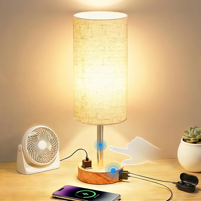 Table Lamp for Bedroom, High-Sensitivity Touch, AC Outlet, USB A+C | 3-Level by Unknown