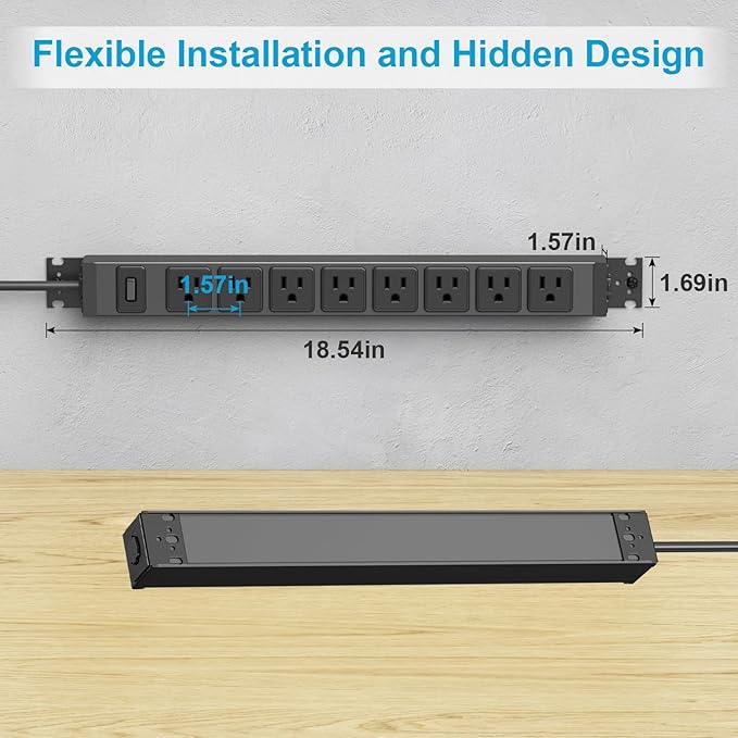 HHSOET 2 Pack Metal 360° Rotating Mountable Power Strip, 8 Outlet Gaming Table Mounted Long Power Strip, Heavy Duty Wall Mount Surge Protector with Switch, 15A 125V 1875W 6ft Power Cord.