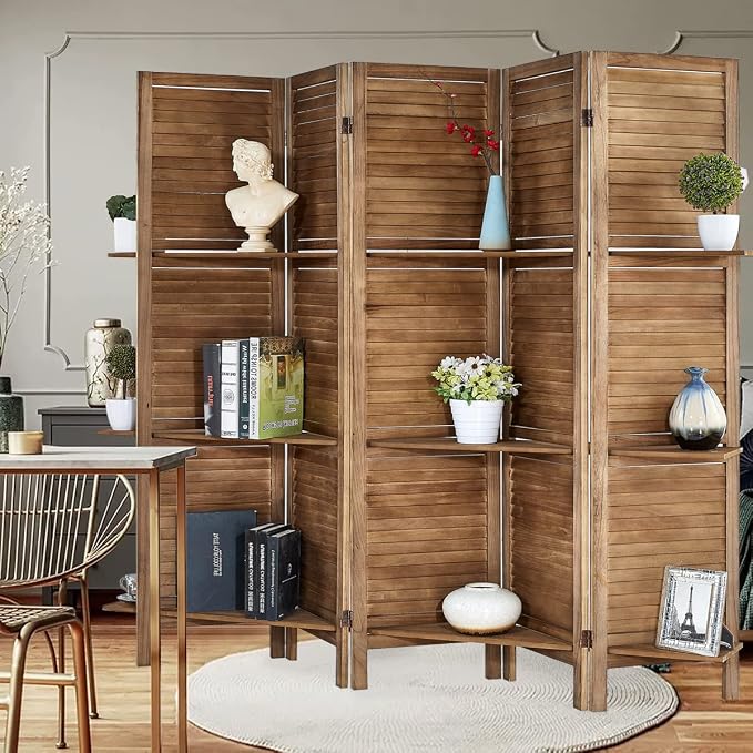 Room Divider with Shelves, 5 Panel Brown Privacy Screen | Partition Room by AMBITION+LAND