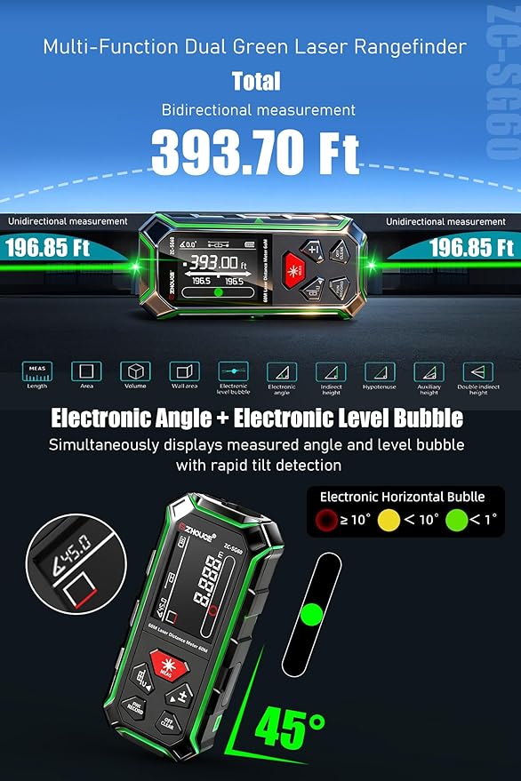 ZC-SG60 Dual Laser Measuring Tool, 196Ft Green-Beam Bilateral Digital Laser Distance Measure 6 Units Ft/in/M, Rechargeable Laser Measurement Tool -Backlit LCD Display, Length/Area/Volume/Angle Sensor