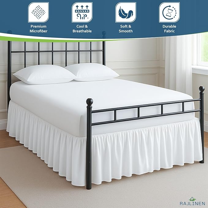 Rajlinen Ruffled Bed Skirt California King, 14 Inch Drop Dust Ruffle with Split Corners, 100% Microfiber Bedskirt with Platform, Three-Sided Coverage Ruffled Gathering Design, White