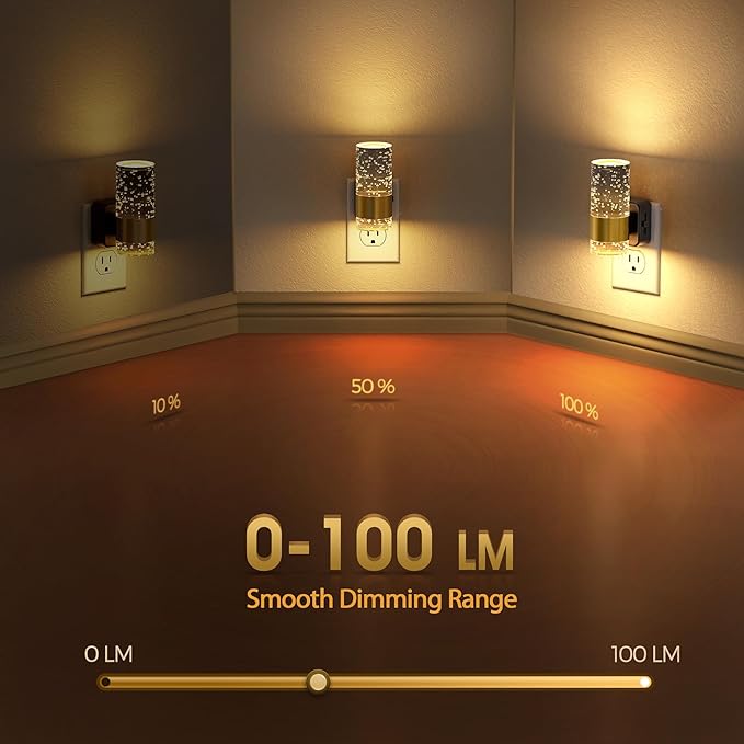 Briignite Night Light, Dimmable Night Lights Plug into Wall, LED Night Light with 0-100 LM Adjustable Brightness, 3000K Automatic Plug in Night Lights with Dusk to Dawn Sensor, for Bathroom Hallway