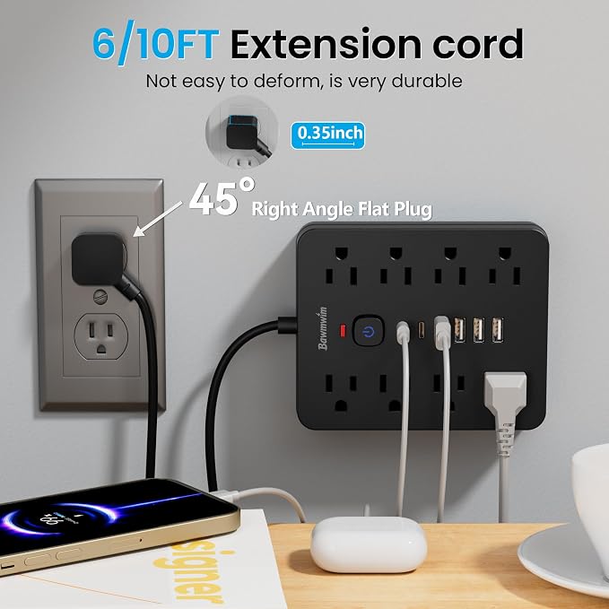 Surge Protector Power Strip, 8 Outlets, 6 USB Charging Ports, 6FT Flat Plug - Image 5